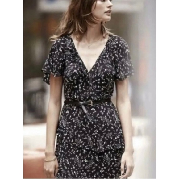 JOIE Orita Caviar Black Ruffled Floral Midi Dress Tiered Surplice V-Neck Size 6 - Picture 5 of 16